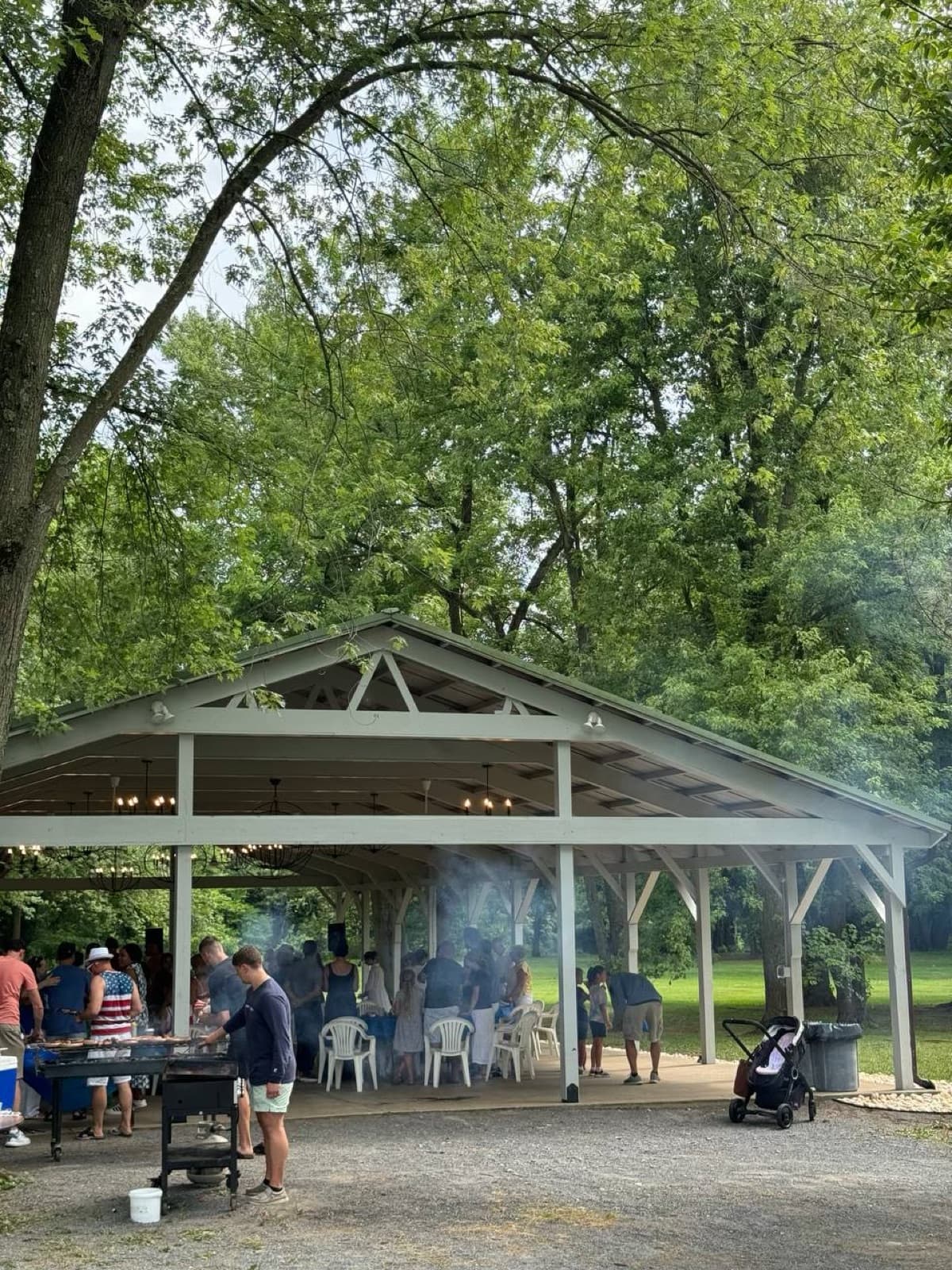 Church members gathered under a park shelter at a picnic