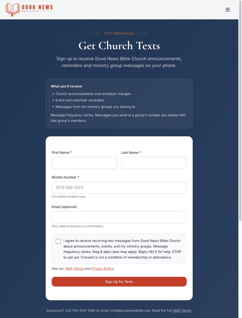 The text message sign-up form at goodnewsbible.org/sms: first name, last name, mobile number and optional email fields, an unchecked consent checkbox with the full disclosure next to it, links to the SMS Terms and Privacy Policy, and a Sign Up for Texts button.